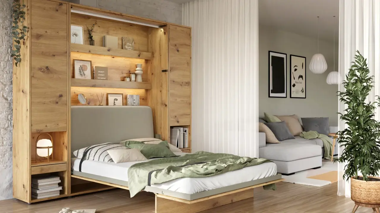 Idée pour comment aménager une chambre en longueur : un lit escamotable intégré dans une bibliothèque en bois, optimisant l'espace.