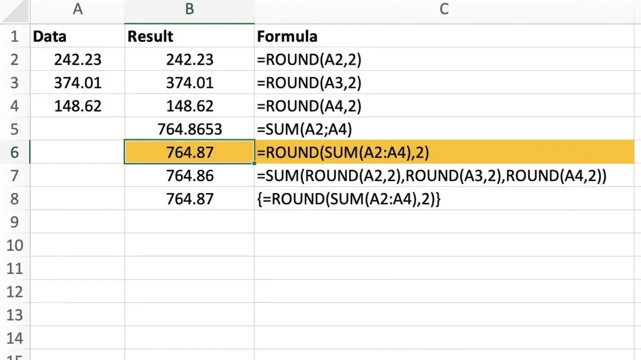 Arkusz kalkulacyjny z danymi i formułami, w tym `math floor js` w postaci `ROUND(SUM(A2:A4),2)`.