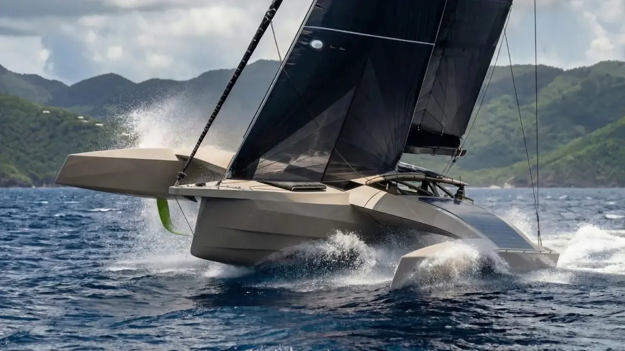 Un trimaran futuriste fend les vagues, ses voiles noires déployées. Un spectacle impressionnant, digne d'un "etape 21i avis" de course.