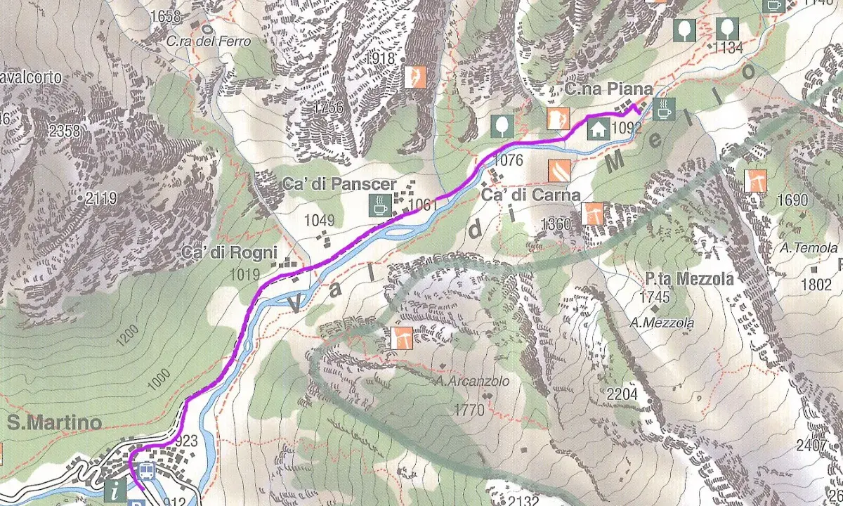 Percorso di trekking Val di Mello: sentiero viola da S. Martino a C.na Piana, passando per Ca' di Rogni e Ca' di Carna.