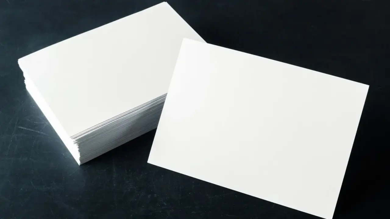 Pila de tarjetas blancas sobre fondo oscuro. El gramaje del papel es ideal para impresiones de alta calidad.