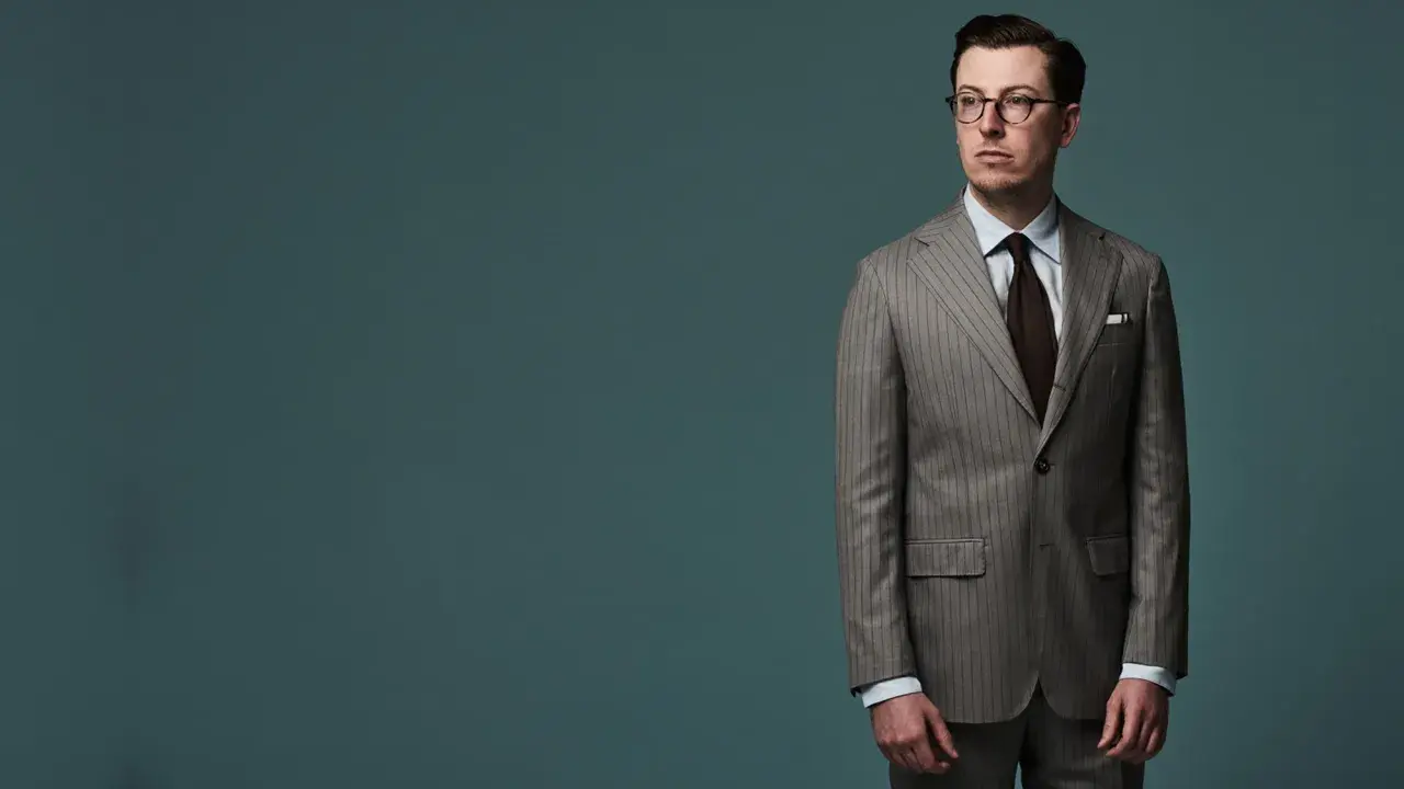 A man in a pinstripe suit, with a brown tie and glasses, stands against a teal background. The jacket length appears to be ideal, hitting just below the seat.