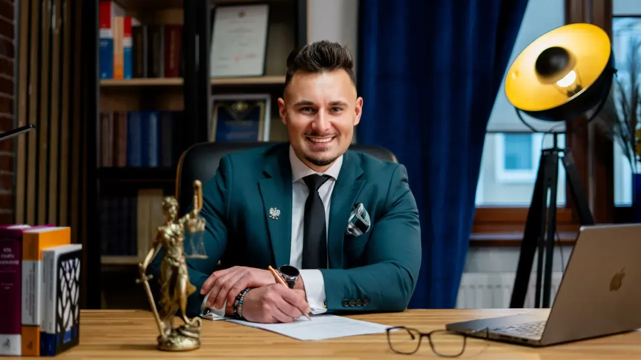 Mężczyzna w garniturze siedzi przy biurku, pisze na papierze. Obok laptop, okulary i Statua Temidy.