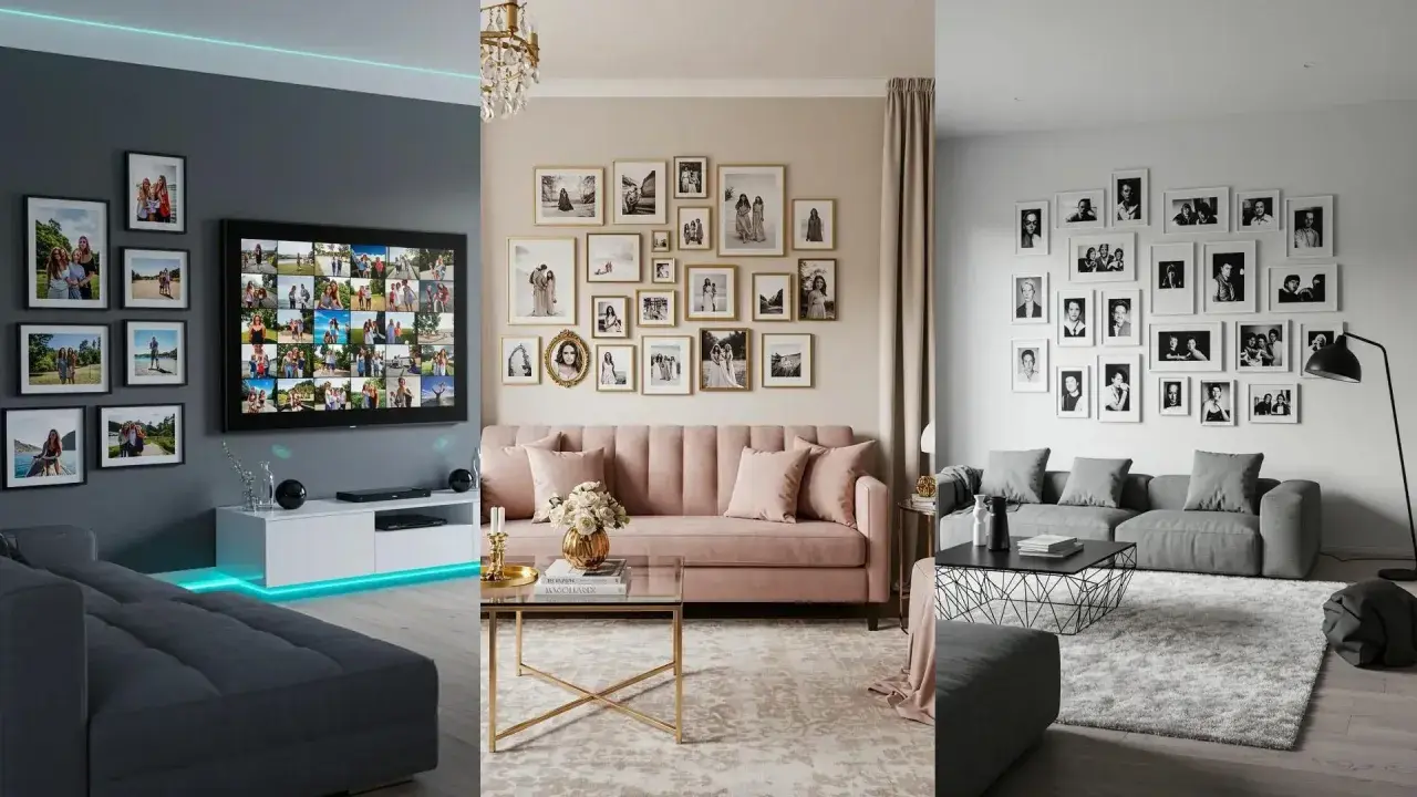 Tres salones modernos decorados con muchas fotos familiares en casa, creando un ambiente cálido y personal.