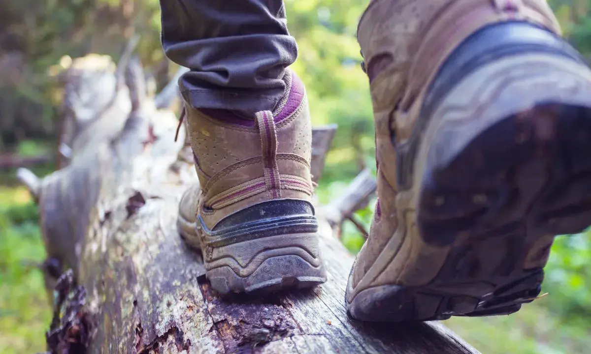 Osoba w butach trekkingowych stąpa po powalonym drzewie. Czy buty trekkingowe powinny być większe? Wygoda na szlaku jest kluczowa.