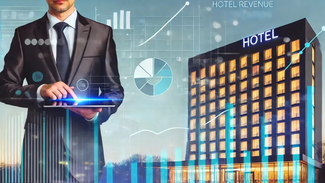 Biznesmen analizuje dane hotelowe na tablecie, widoczne wykresy i budynek hotelu. Skuteczne monitorowanie cen kluczem do sukcesu.