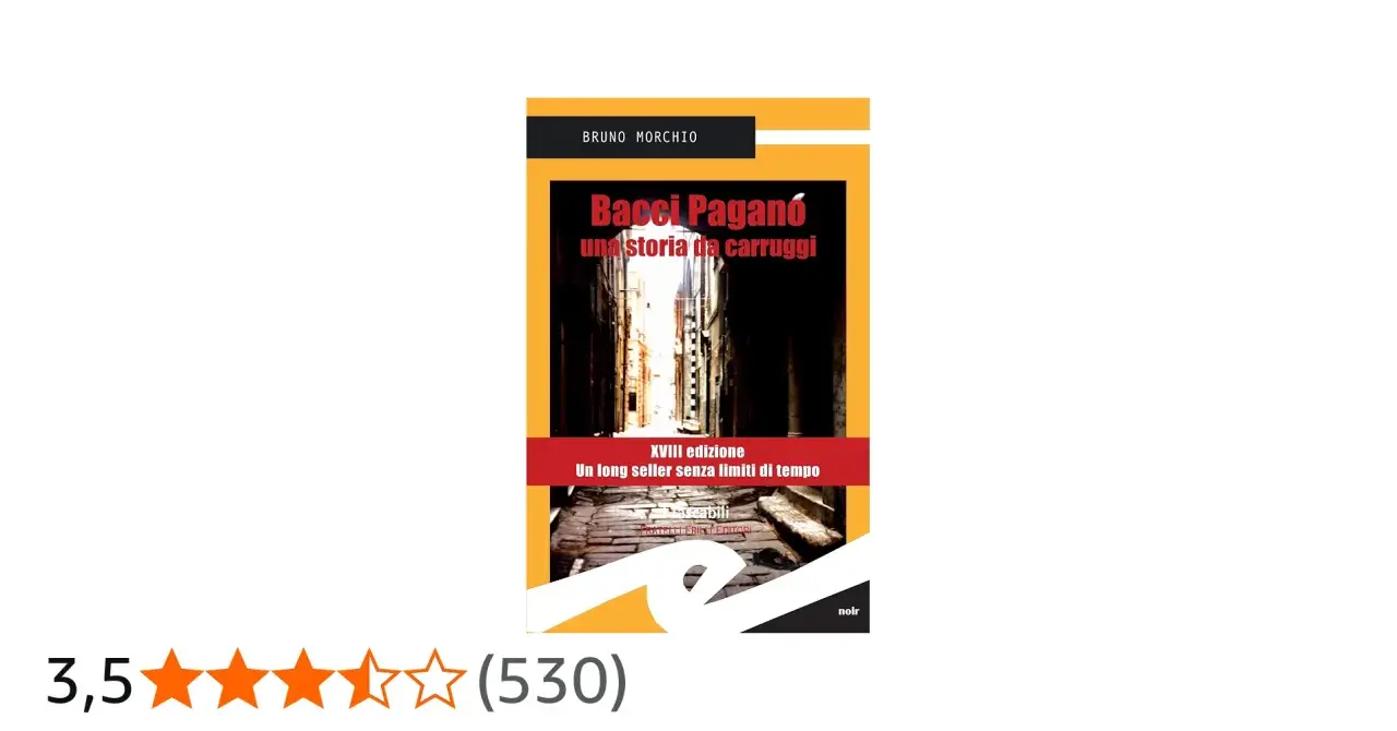Copertina di "Bacci Pagano" di Bruno Morchio, un long seller che racconta una storia da carruggi, con valutazione 3,5 stelle.
