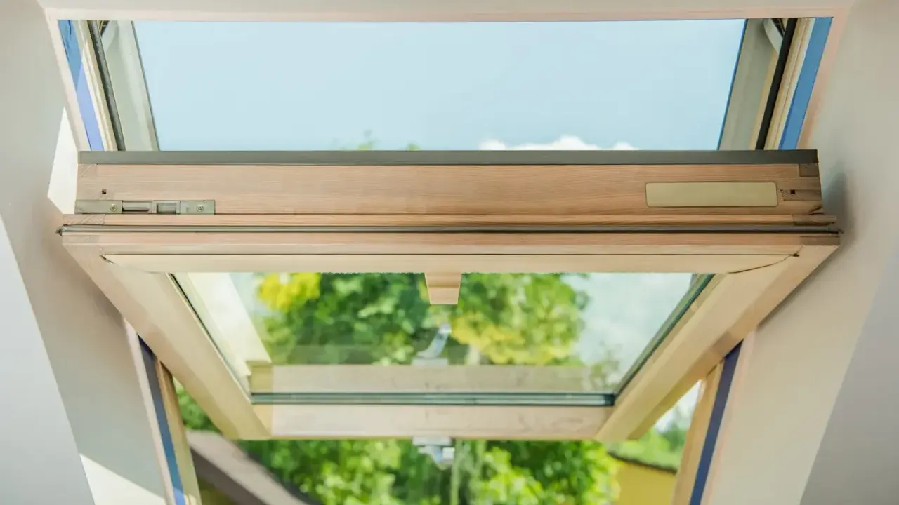 Ventana de madera abierta, mostrando el doble cristal y el mecanismo. Ideal para aprender como poner doble cristal en ventanas de madera.