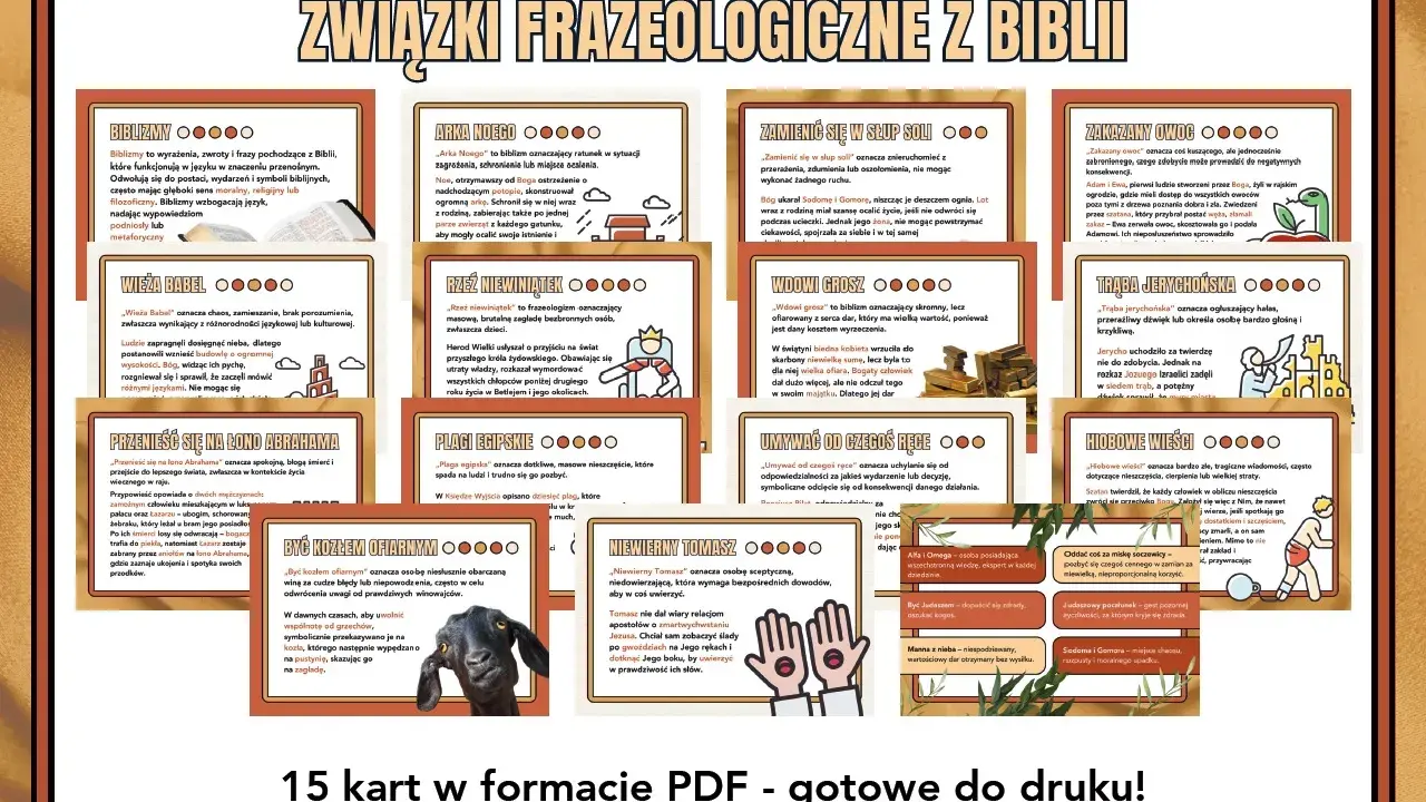 Związki frazeologiczne z biblii: "Arka Noego" to ratunek, "Wieża Babel" to chaos, a "zakazany owoc" to pokusa.