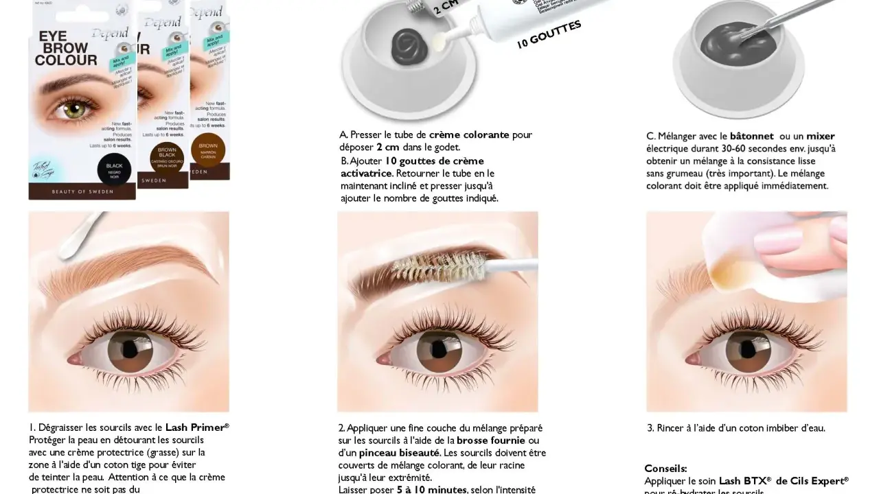 Teinture sourcils : le mélange prêt, application et rinçage pour une durée optimale.
