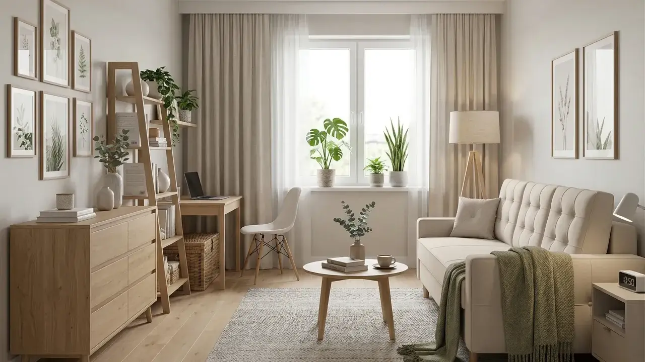 Jasny, przytulny pokój gościnny inspiracje: sofa, stolik kawowy, komoda, regał, biurko, rośliny i obrazy z motywami roślinnymi.