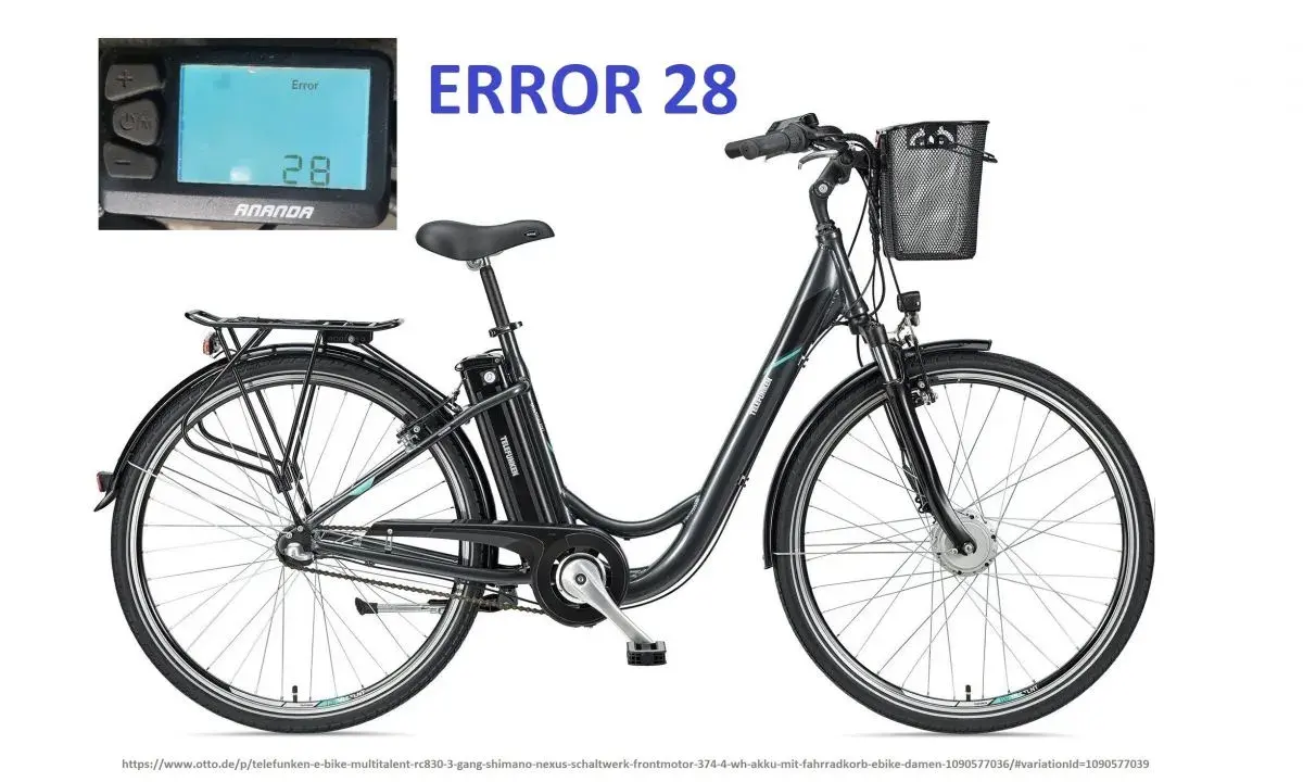 Czarny rower elektryczny z koszykiem i wyświetlaczem pokazującym "ERROR 28". Poznaj kody błędów roweru elektrycznego.