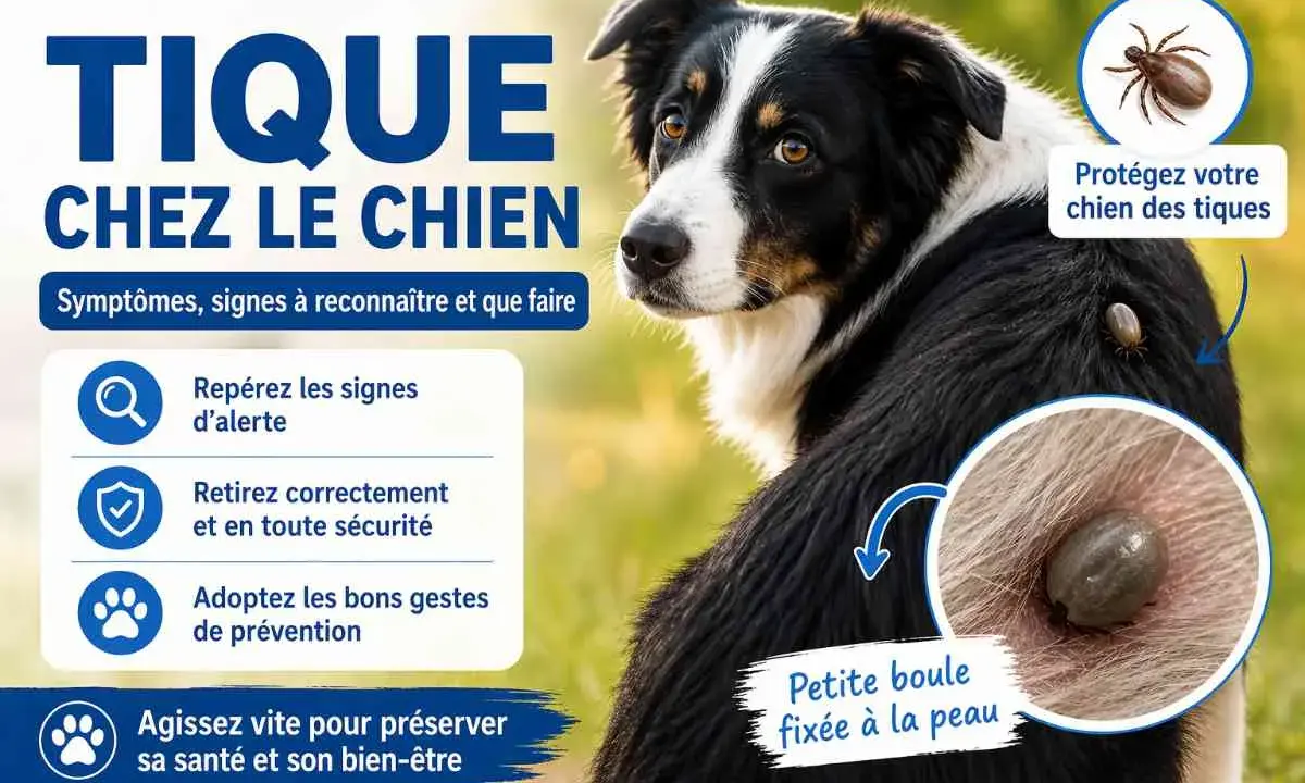 Un chien avec une tique mal enlevée sur le dos. L'image montre des conseils pour protéger votre chien des tiques.