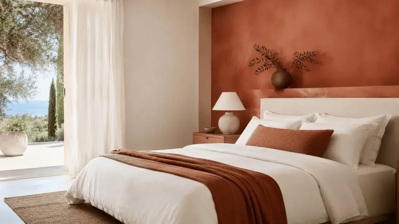 Chambre lumineuse avec mur couleur terracotta, lit blanc, jeté assorti et vue sur la mer.