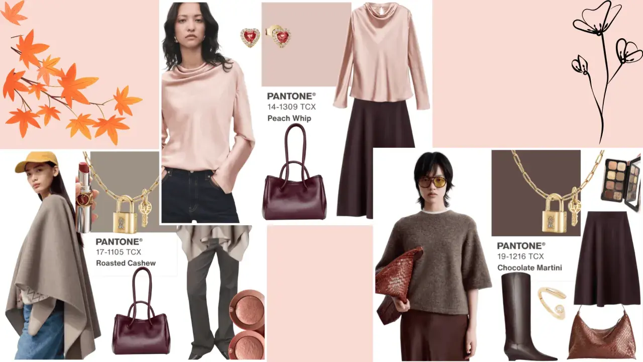 A mood board showcasing a soft autumn color palette with models, clothing, accessories, and Pantone color swatches like Peach Whip and Chocolate Martini.