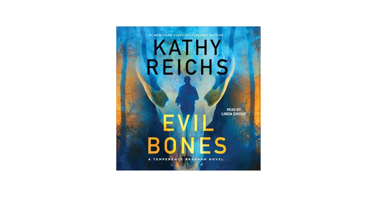 Copertina di "Evil Bones", l'ultimo libro di Kathy Reichs, con un teschio stilizzato e una figura in silhouette.