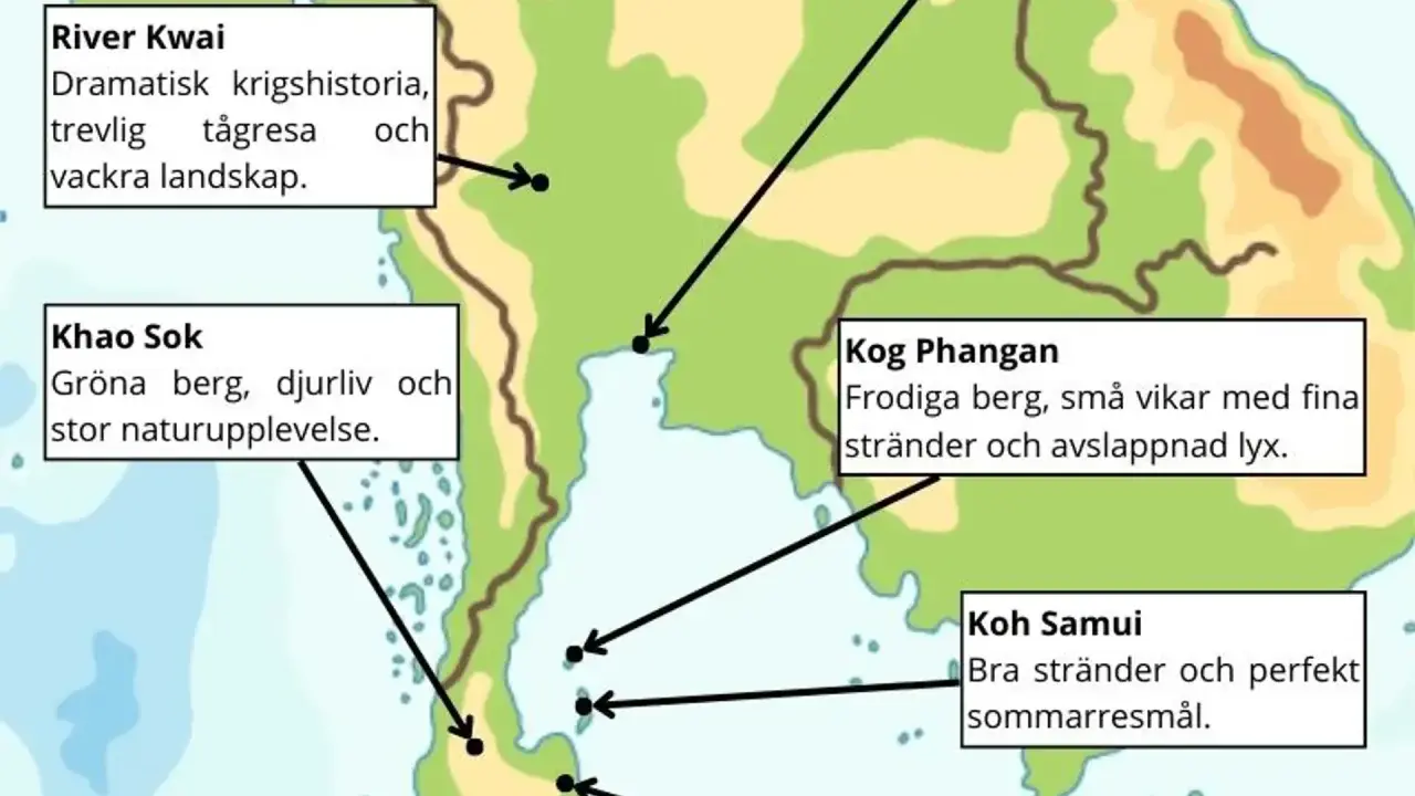 Karta över turistorter i Thailand: River Kwai, Khao Sok, Koh Phangan och Koh Samui.
