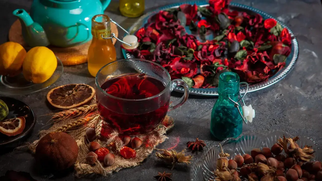 Ein Glas roter Tee, Zitrone und Nüsse. Welcher Tee senkt Cholesterin und Blutdruck? Vielleicht dieser aromatische Aufguss.