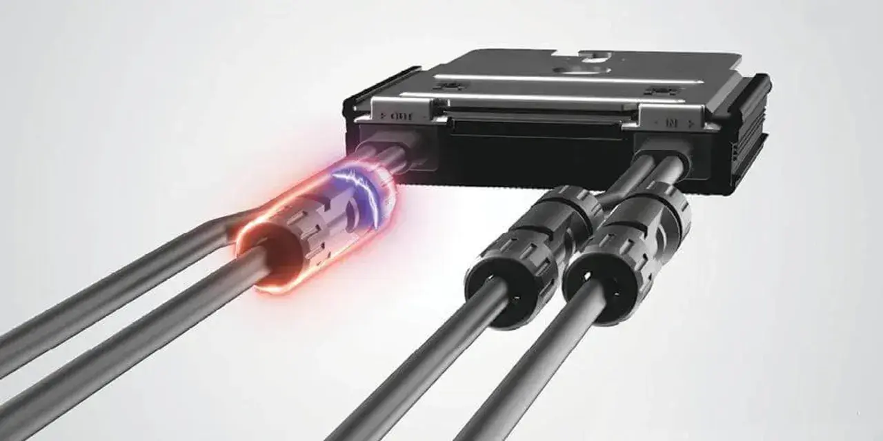 Enhet för solpaneler optimerare med kablar som ansluts. En kabel lyser med blå och röd energi.