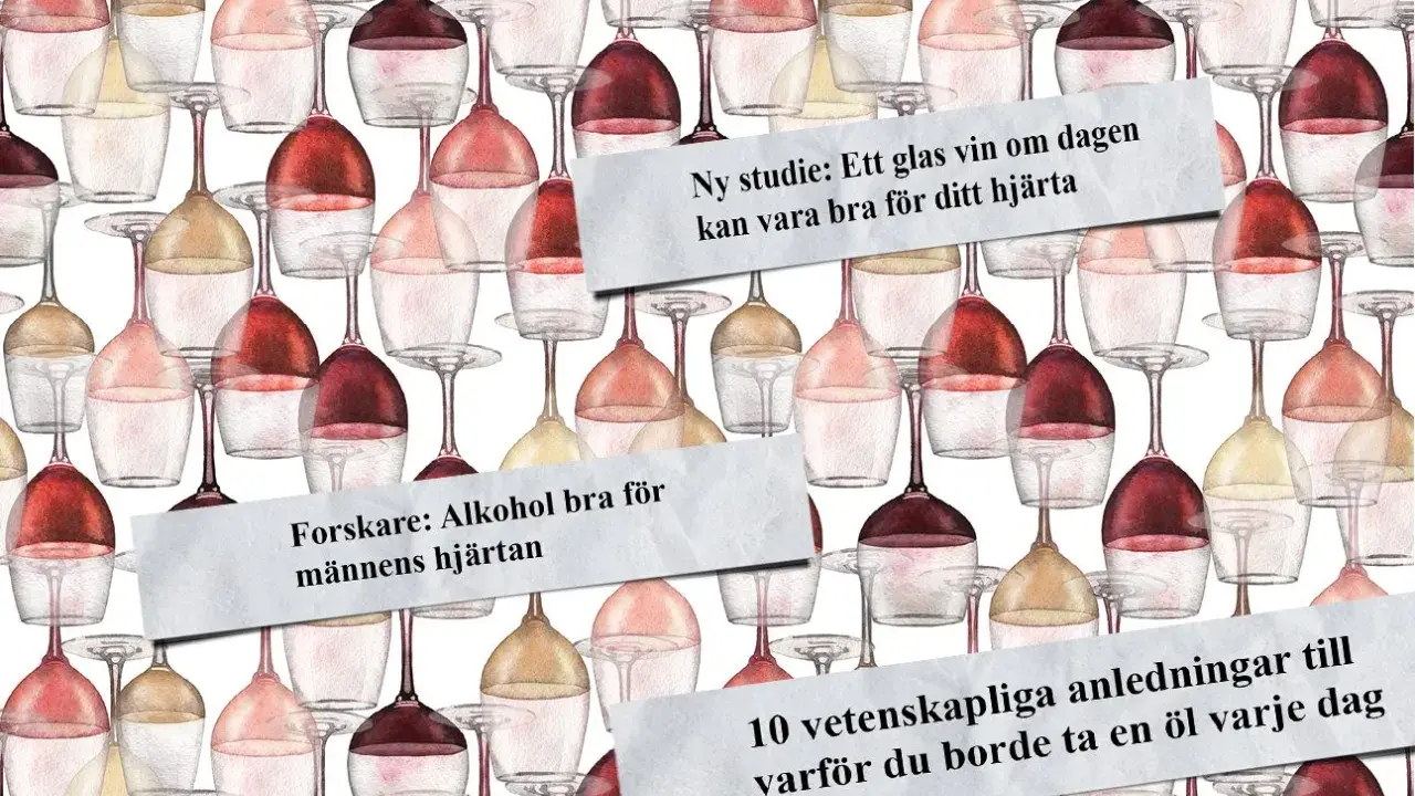 Vattenfärgsillustration av vinglas i olika färger. Texten "Forskare: Alkohol bra för männens hjärtan" och "Ny studie: Ett glas vin om dagen kan vara bra för ditt hjärta" antyder att alkohol kan ha hälsofördelar, men det är viktigt att komma ihåg att do...