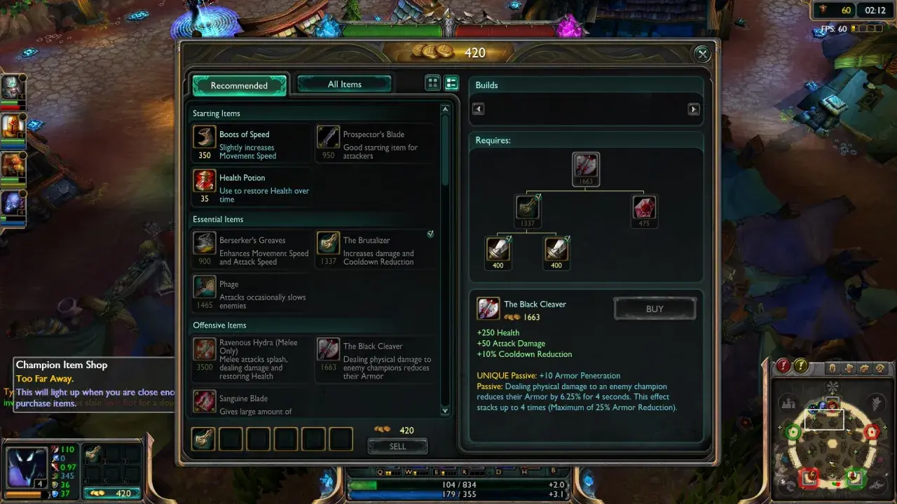W grze League of Legends, gracz rozważa zakup przedmiotu "The Black Cleaver", który daje +250 zdrowia, +50 obrażeń ataku i redukcję czasu odnowienia.