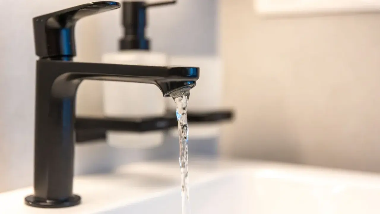 Robinet noir moderne, eau claire coulant dans un lavabo. Un adoucisseur d'eau est peut-être installé pour lutter contre l'eau calcaire.