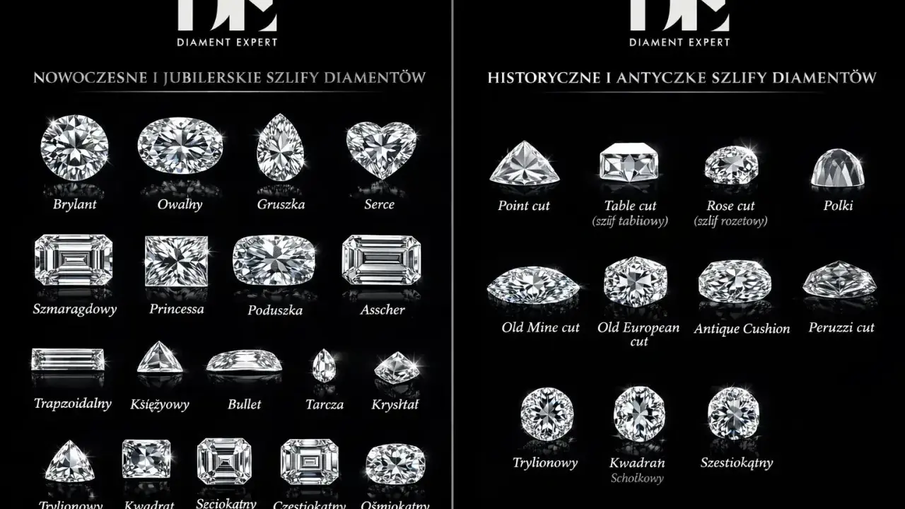 Kolekcja nowoczesnych i historycznych szlifów diamentów, w tym brylant, owalny, serce, szmaragdowy, princessa, point cut, rose cut, old mine cut, antique cushion.