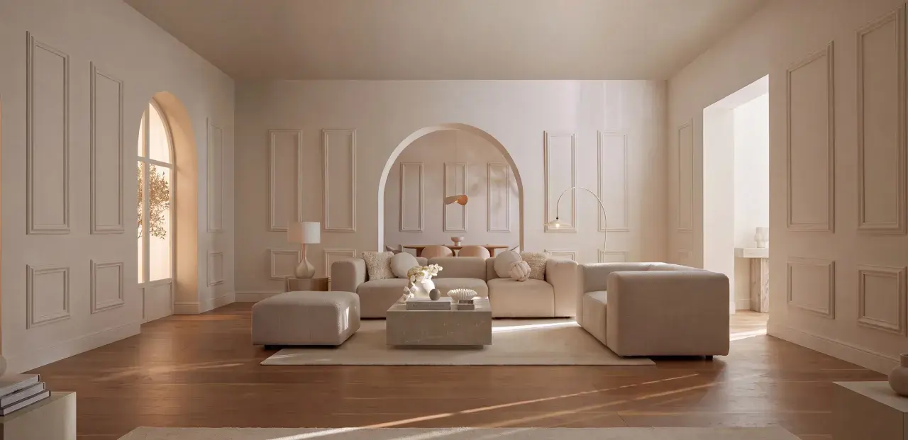 Salon lumineux aux murs beiges et moulures. Le mobilier, aussi beige, crée une ambiance douce. Quel couleur va avec le beige ? Le bois du parquet apporte une touche chaleureuse.