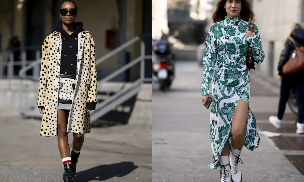 Due donne sfoggiano un look elegante con anfibi: una con cappotto maculato e minigonna, l'altra con abito floreale e stivali bianchi.