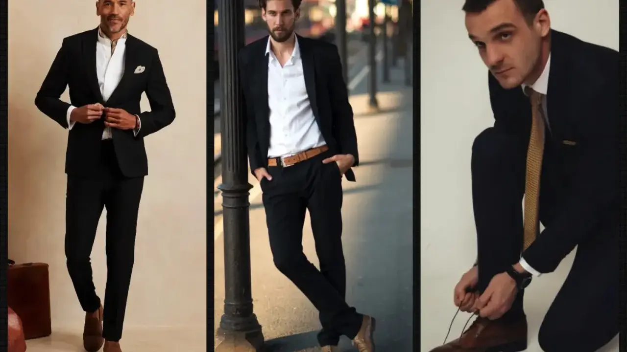 Three men showcase stylish black suit combinations. One wears a suit with a scarf, another with a belt, and the third ties his shoes.