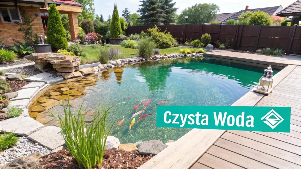 Piękne oczko wodne z rybkami i roślinnością, zapewniające czystą wodę dzięki napowietrzaniu.