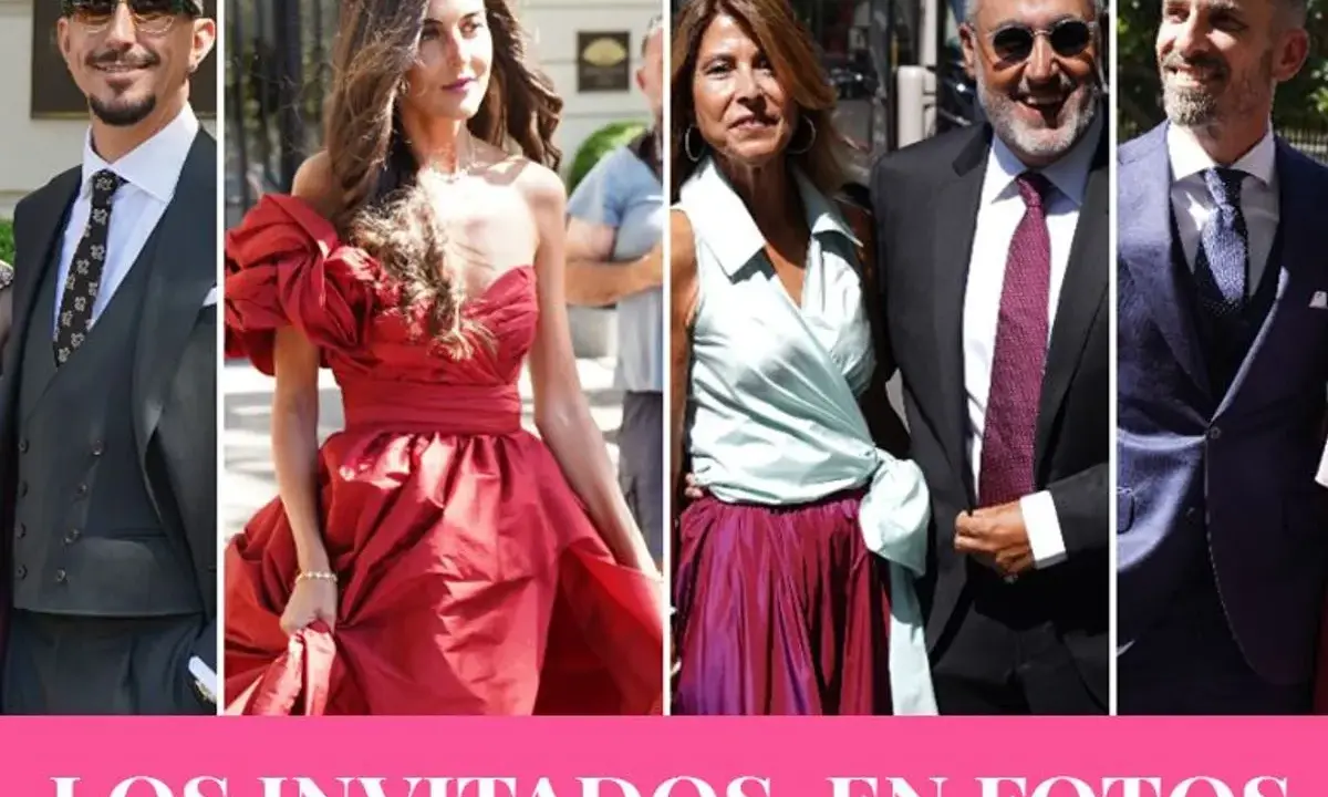 Varios invitados a la boda de Tamara Falcó, luciendo elegantes trajes y vestidos de fiesta.