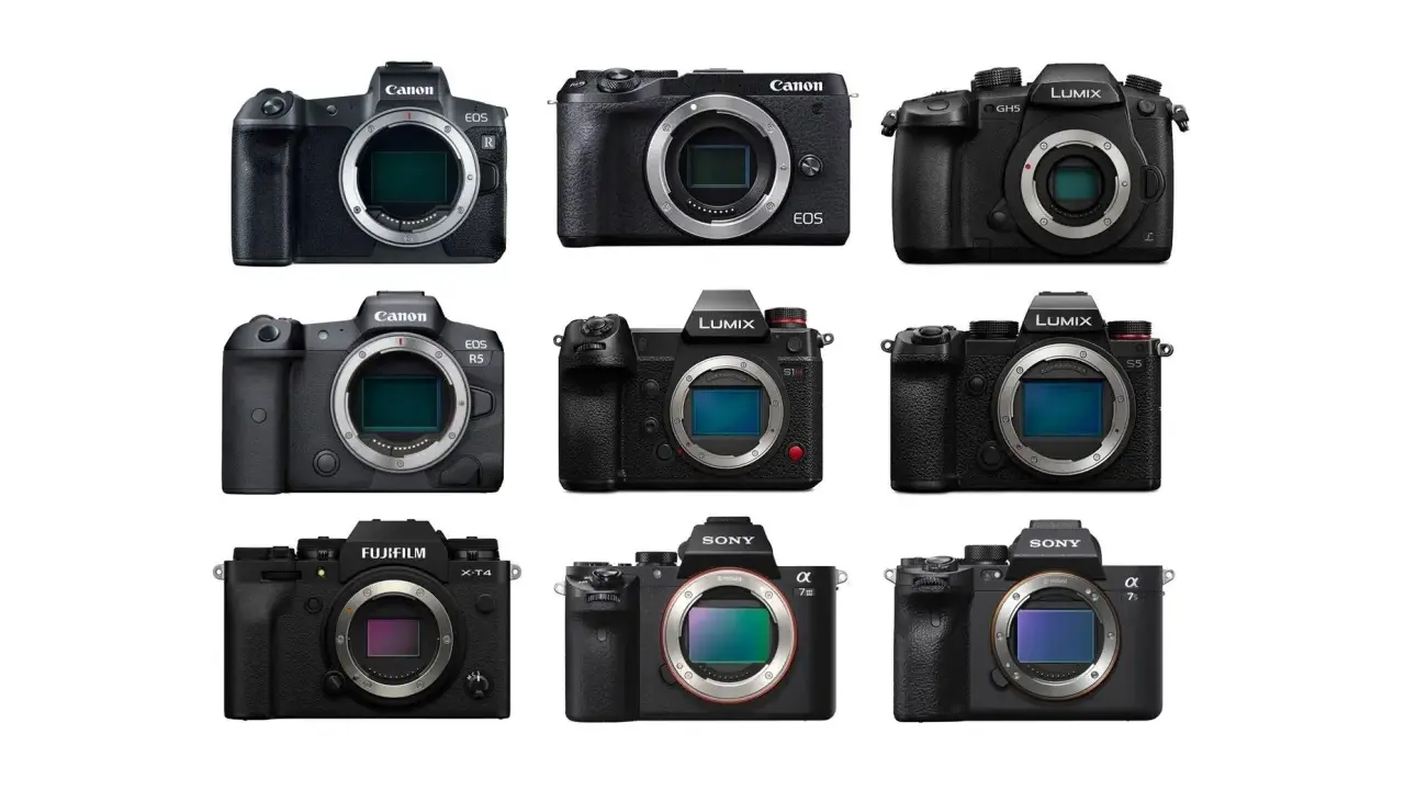 Różne rodzaje aparatów fotograficznych: Canon EOS R, R5, Lumix GH5, S1H, S5, Fujifilm X-T4, Sony Alpha 7 III, 7S III.