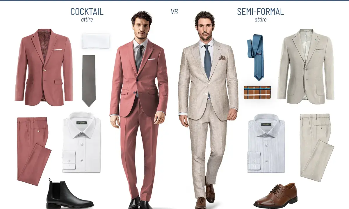 A man models a coral suit for cocktail attire, contrasted with a linen suit for semi-formal wear.