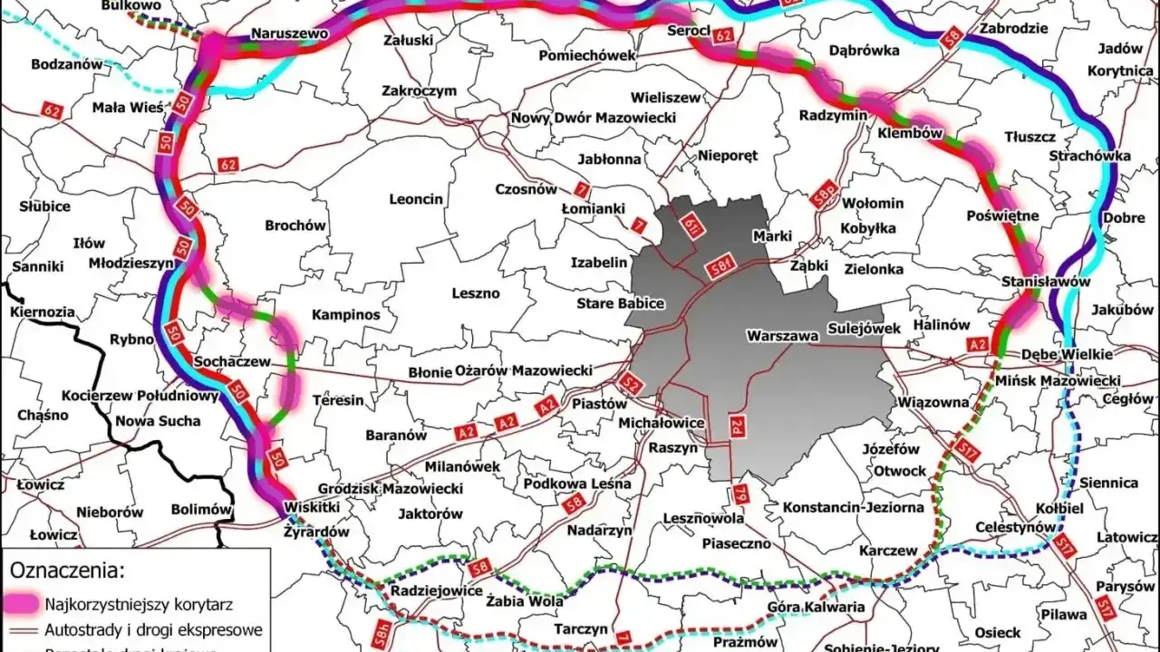 Mapa pokazuje proponowane korytarze dróg ekspresowych wokół Warszawy, z zaznaczonymi utrudnieniami na dk 50.