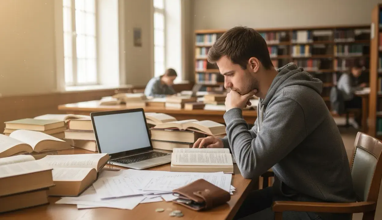 Student pochłonięty nauką w bibliotece, otoczony książkami i notatkami. Intensywna praca nad materiałem, by uzyskać warunkowe zaliczenie przedmiotu.