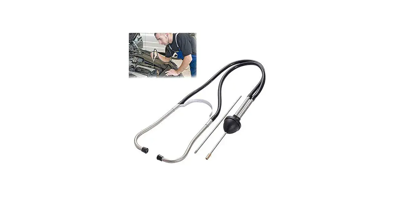 Un mecánico usa un estetoscopio mecánico para diagnosticar ruidos en un motor.