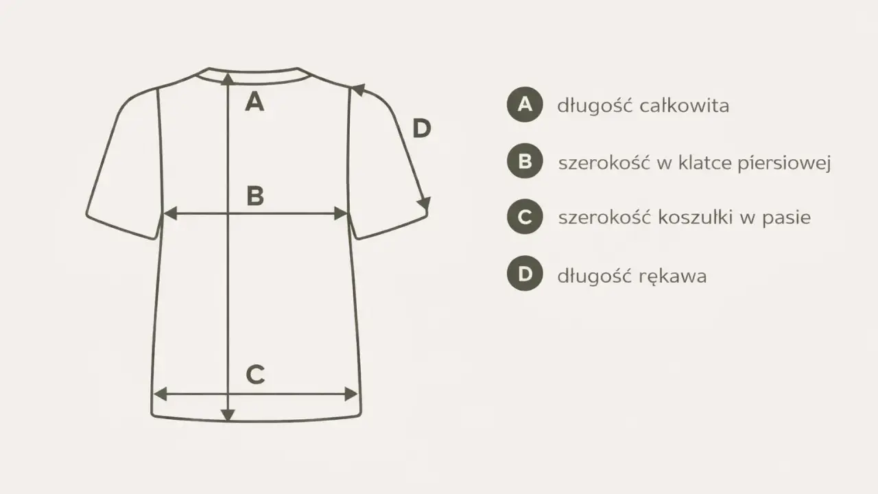 Jak zmierzyć długość rękawa? Schemat pokazuje wymiary koszulki: A - długość całkowita, B - szerokość w klatce, C - szerokość w pasie, D - długość rękawa.