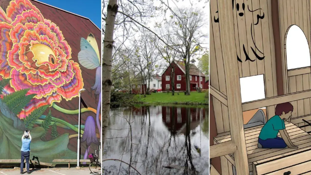 Konst, natur och lek – en mix av aktiviteter i Alingsås. En person fotar en blomstermålning, röda hus speglas i vatten, och ett barn leker i en träborg.