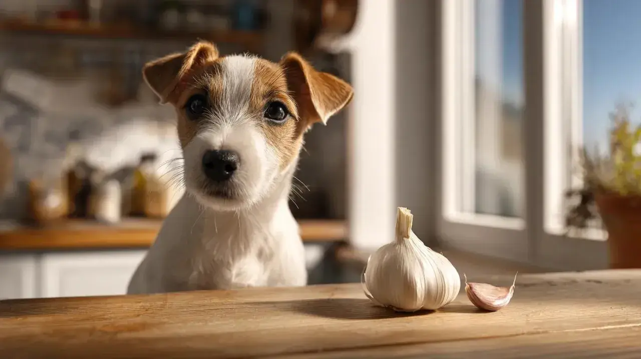 Un adorable chien regarde une tête d'ail sur une table en bois.