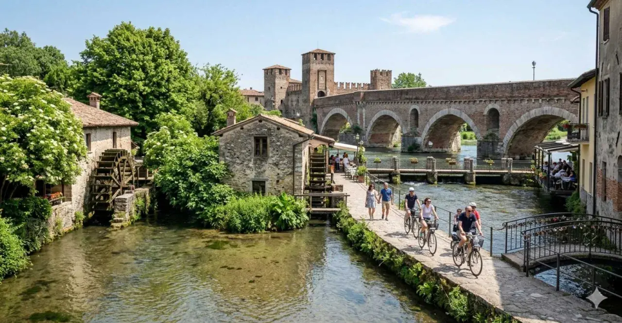 Un pittoresco borghetto sul Mincio con mulini ad acqua, un ponte ad archi e persone che passeggiano e pedalano.