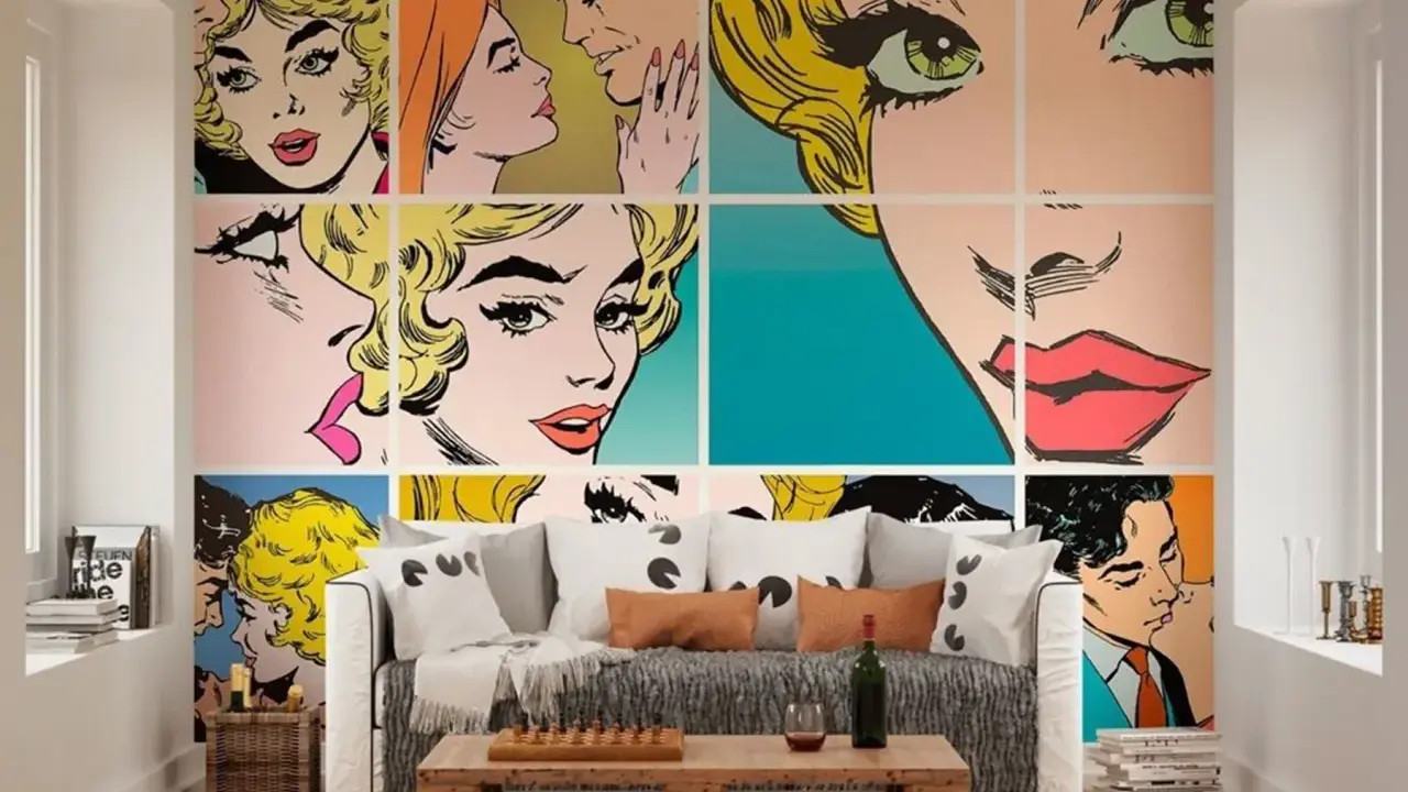 Ściana ozdobiona kolażem w stylu pop art, przedstawiającym fragmenty komiksowych scen z romantycznymi parami i zbliżeniami na twarze.