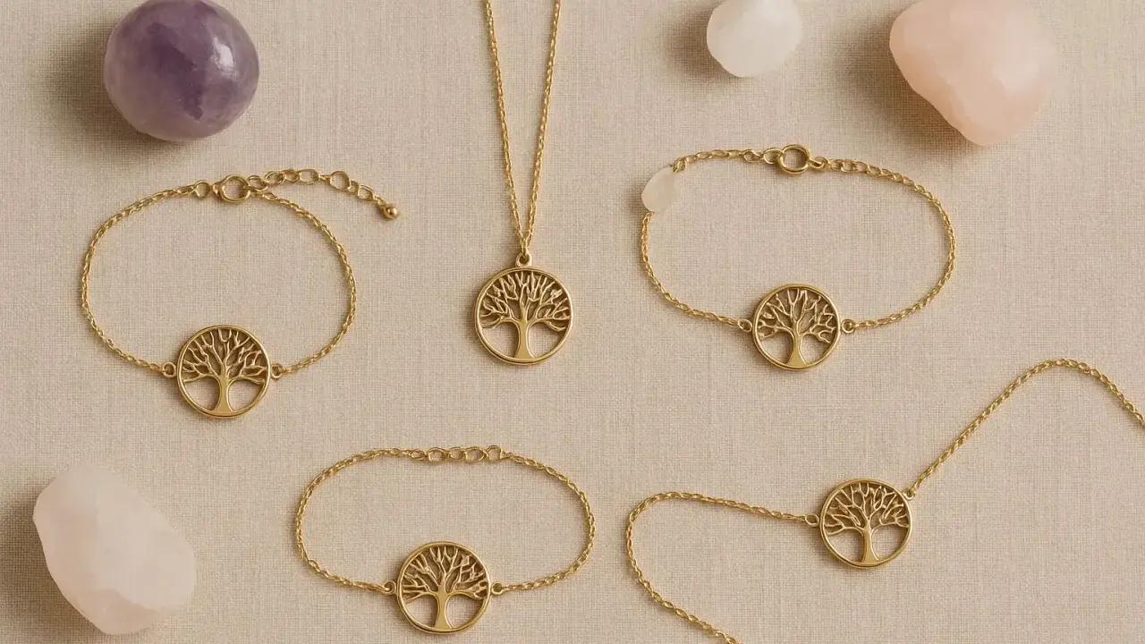 Gioielli con albero della vita in oro, circondati da pietre di quarzo. Il quarzo pietra significato è legato alla crescita e alla protezione.