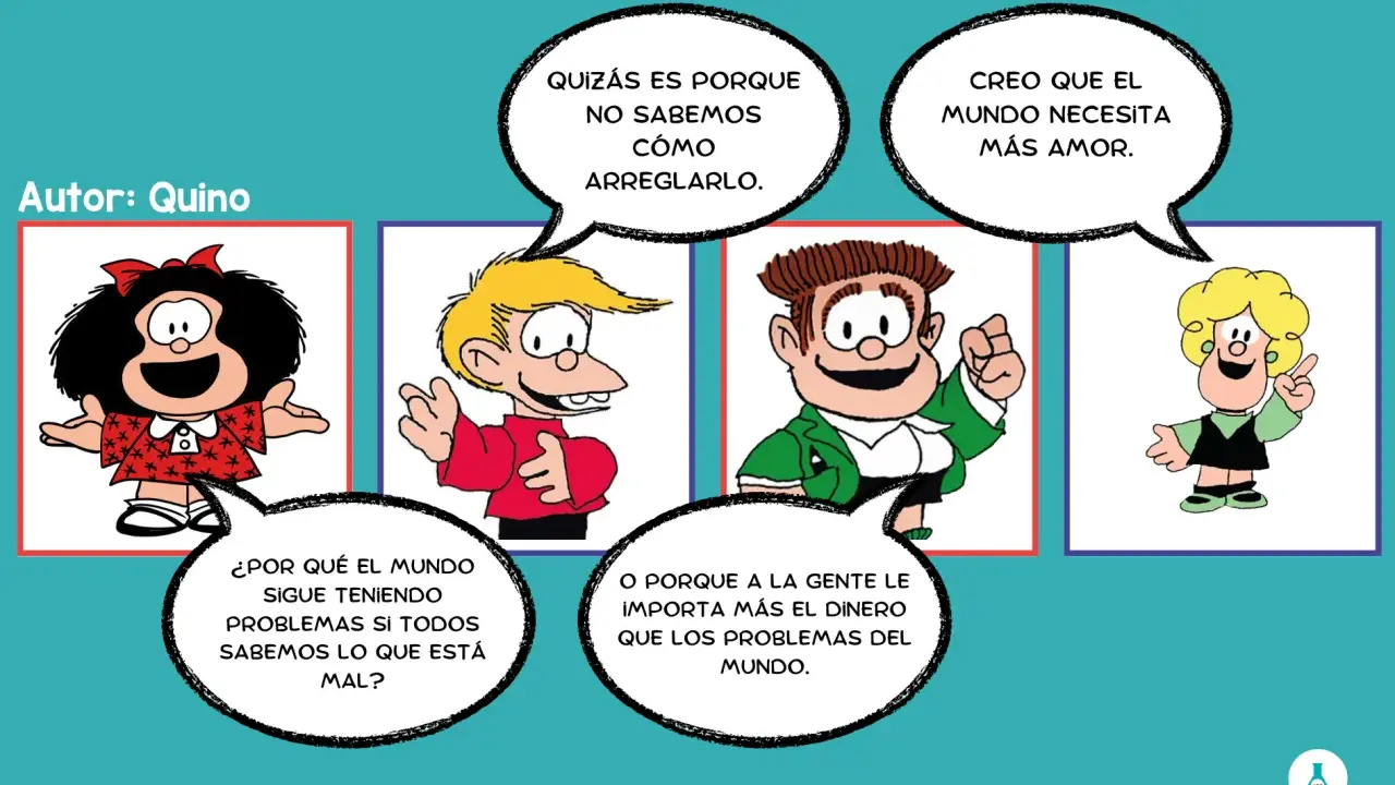 Mafalda viñetas: Mafalda se pregunta por qué el mundo tiene problemas si sabemos qué está mal. Sus amigos debaten si es por no saber arreglarlo, por falta de amor o por priorizar el dinero.