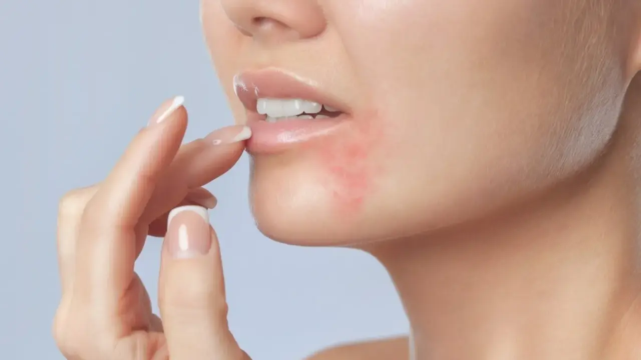 Une femme touche sa bouche, présentant une rougeur autour des lèvres, symptôme de dermatite periorale.