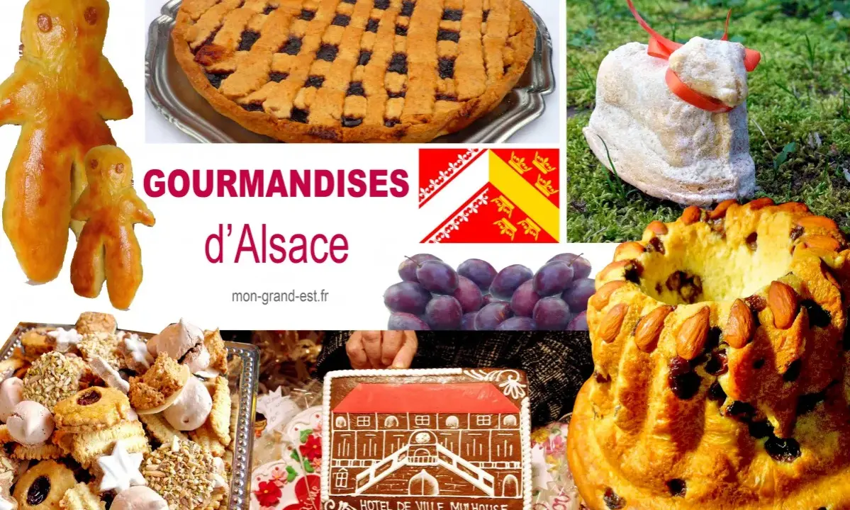 Délicieuses spécialités alsaciennes sucrées : pain d'épices, gâteau, biscuits variés, tarte et agneau de Pâques.