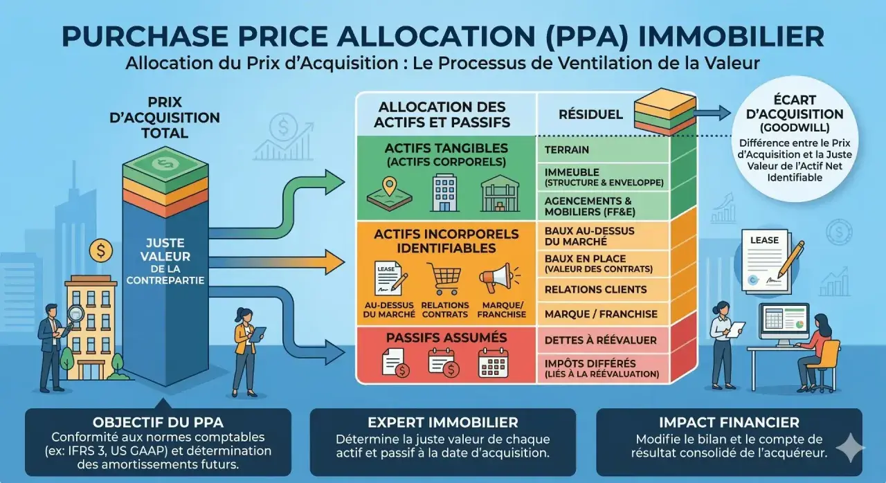 Schéma illustrant l'allocation du prix d'acquisition (PPA) dans l'immobilier, détaillant actifs tangibles, incorporels, passifs, et le concept de franchise opposable.