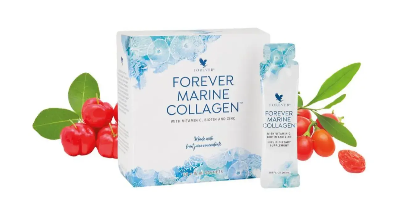Forever Marine Collagen w saszetkach, z witaminą C, biotyną i cynkiem. Pyszny smak owoców dla Twojej urody.
