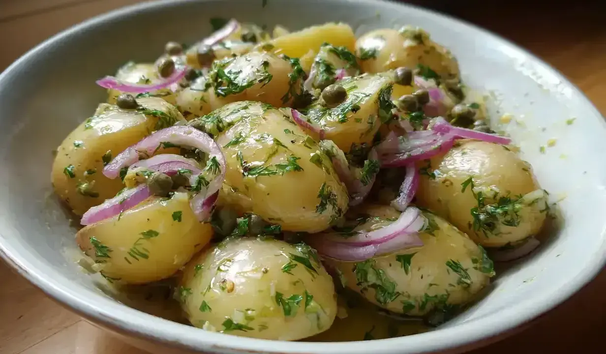 En skål med nykokt potatis, blandad med rödlök, kapris och färska örter. Perfekt tillbehör för att koka potatis till.