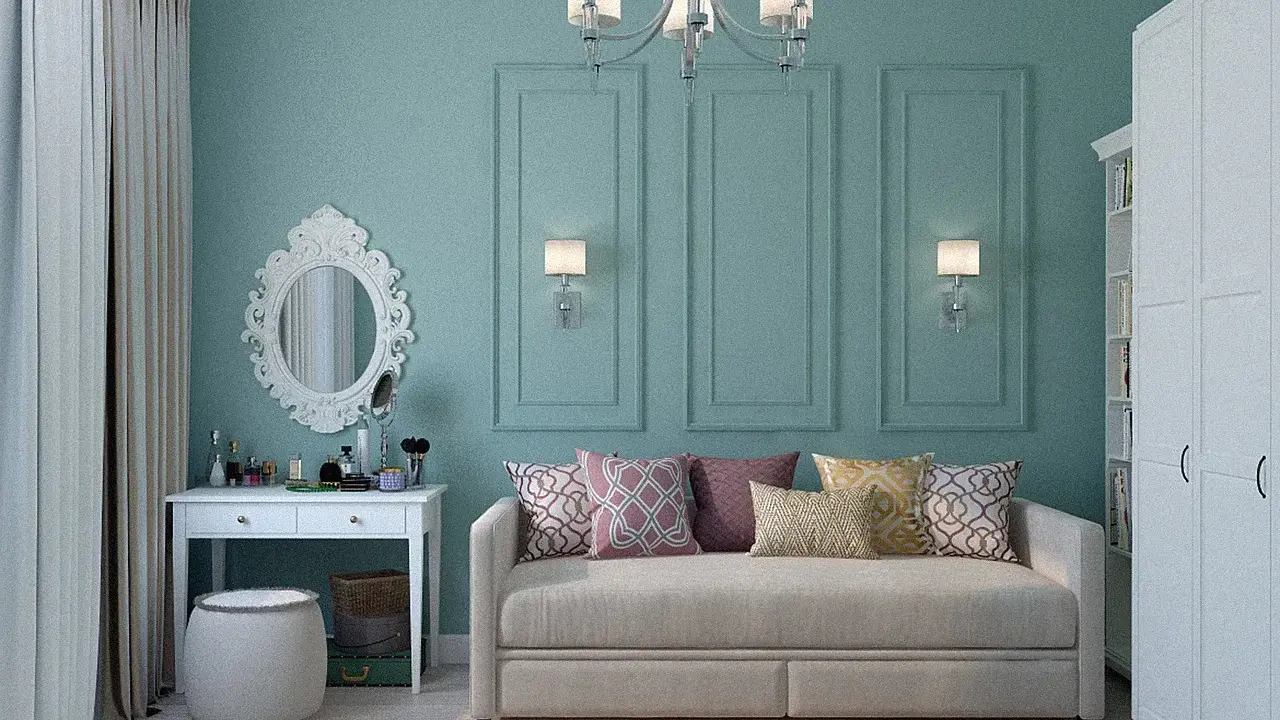 Elegancka toaletka z lustrem i kosmetykami, obok wygodna sofa. Idealne miejsce, by połączyć biurko z toaletką w stylowy sposób.